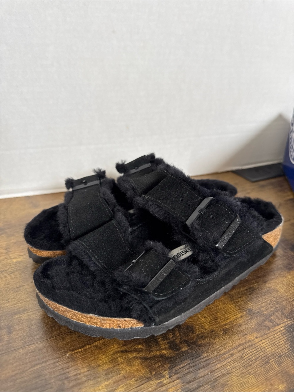 Birkenstock Arizona Fur Shearling Slide Black Suede Size 38 US L 7 M 5.0 NEW